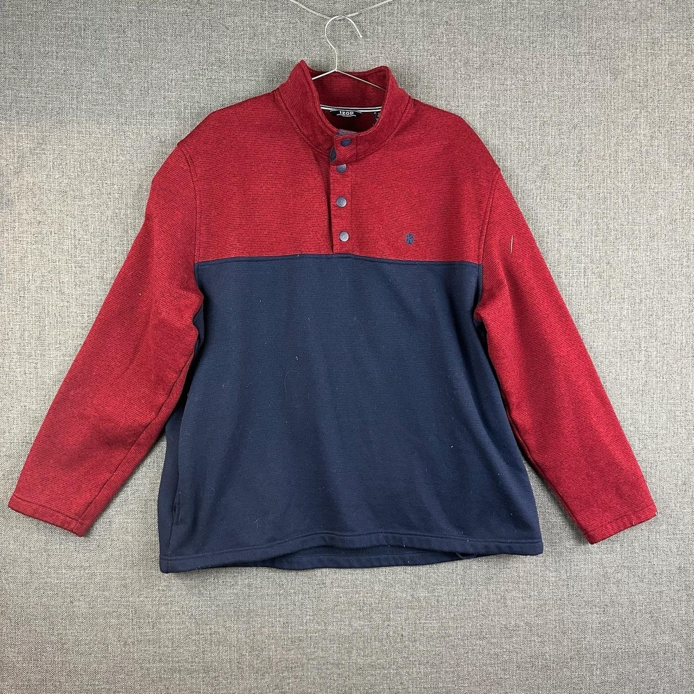 IZOD Pullover Sweater Mens 2XL Red Navy Half Snap Fleece Long Sleeve‎ Outdoors